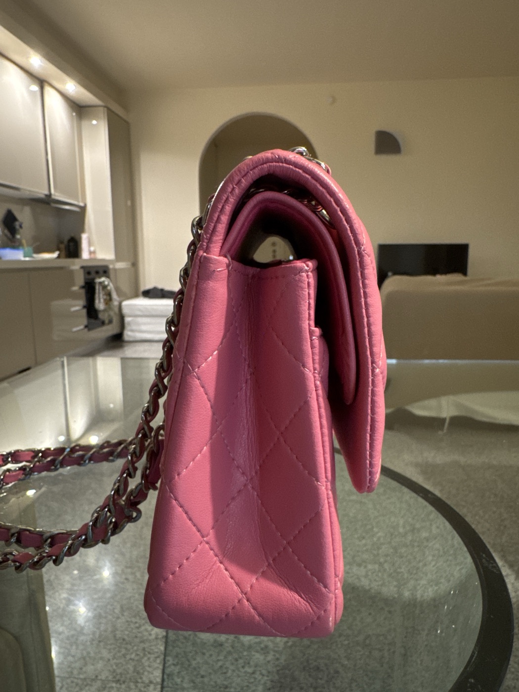 Chanel Classic flap pink with silver details