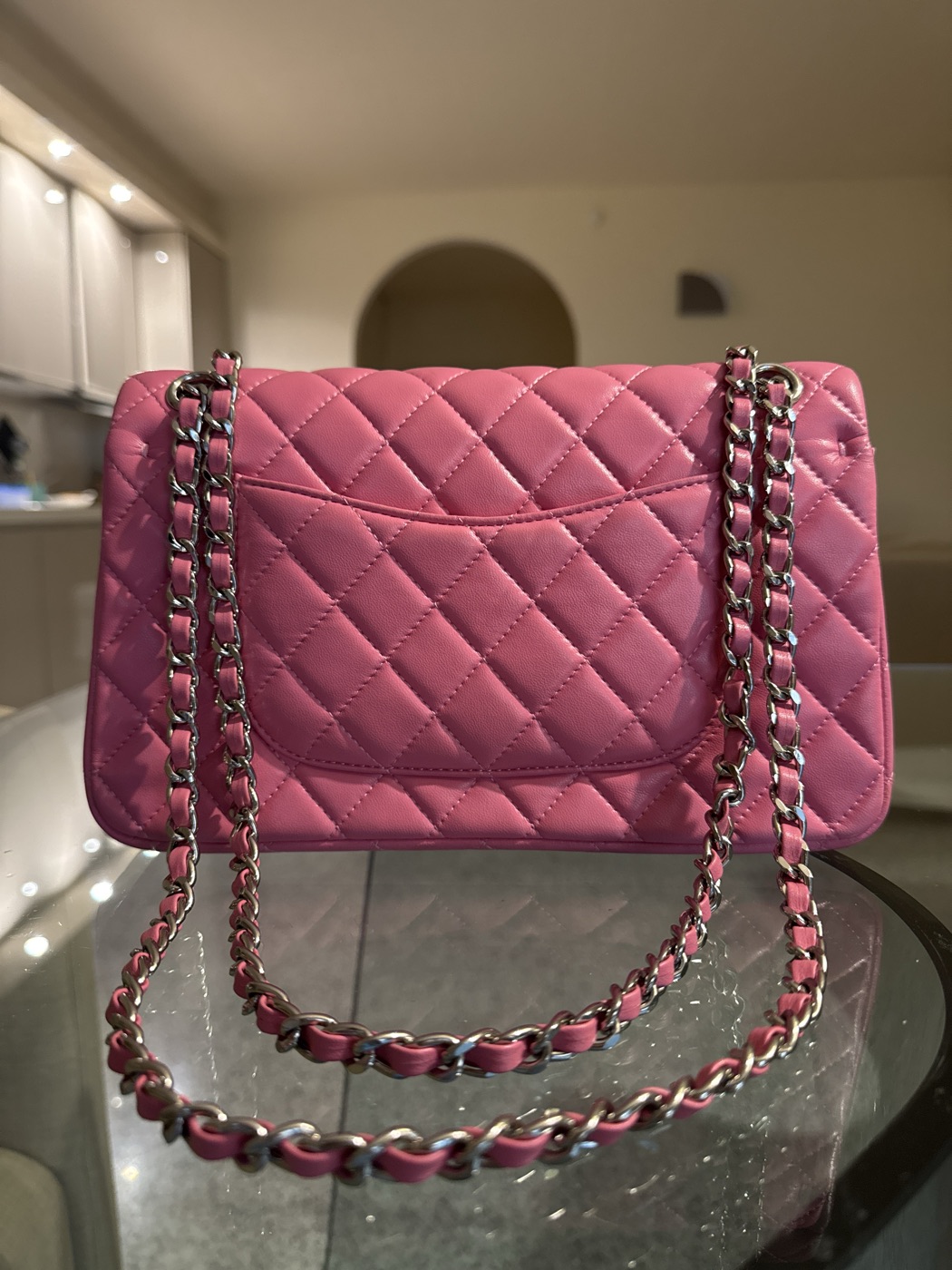 Chanel Classic flap pink with silver details