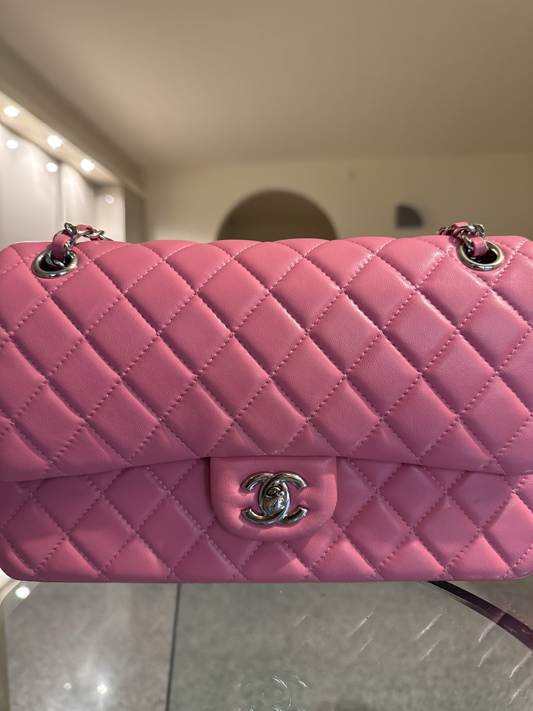 Chanel Classic flap pink with silver details