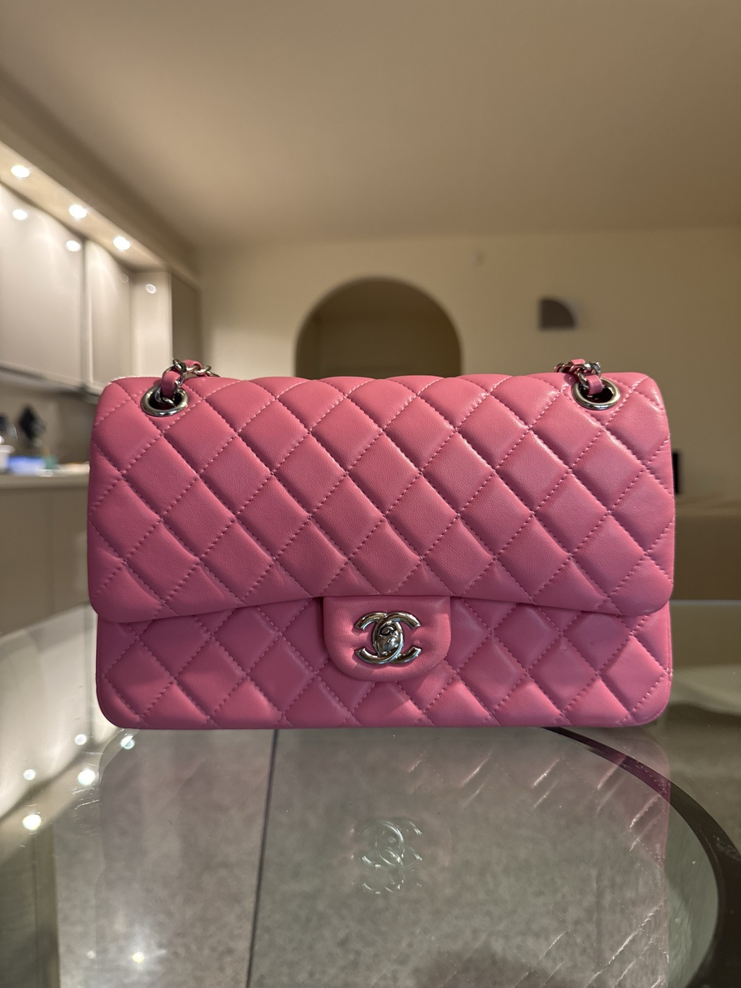 Chanel Classic flap pink with silver details