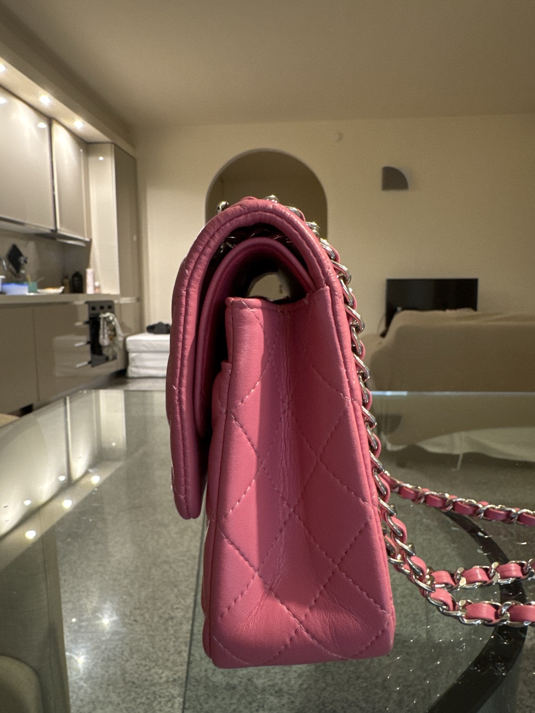 Chanel Classic flap pink with silver details