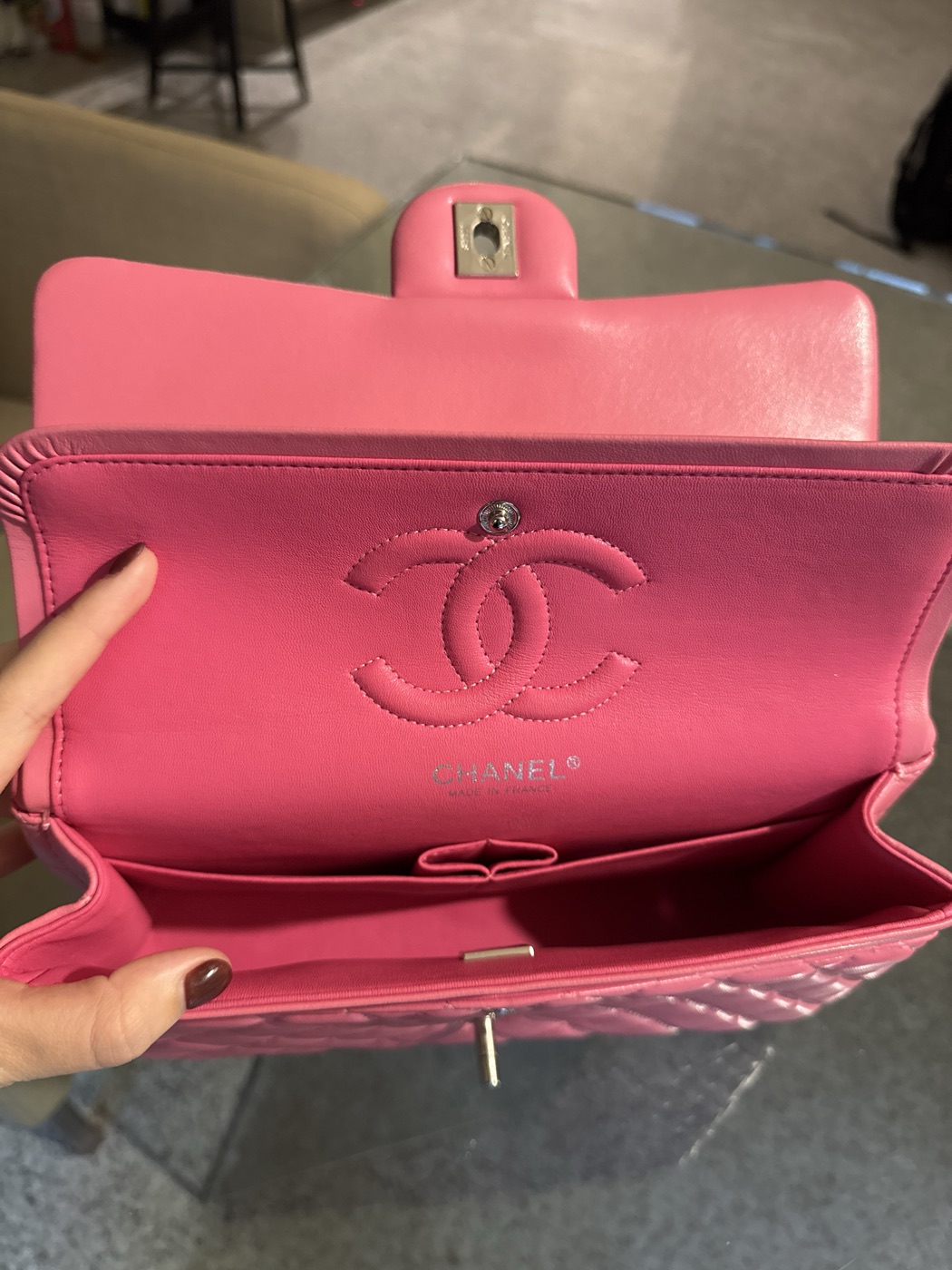 Chanel Classic flap pink with silver details