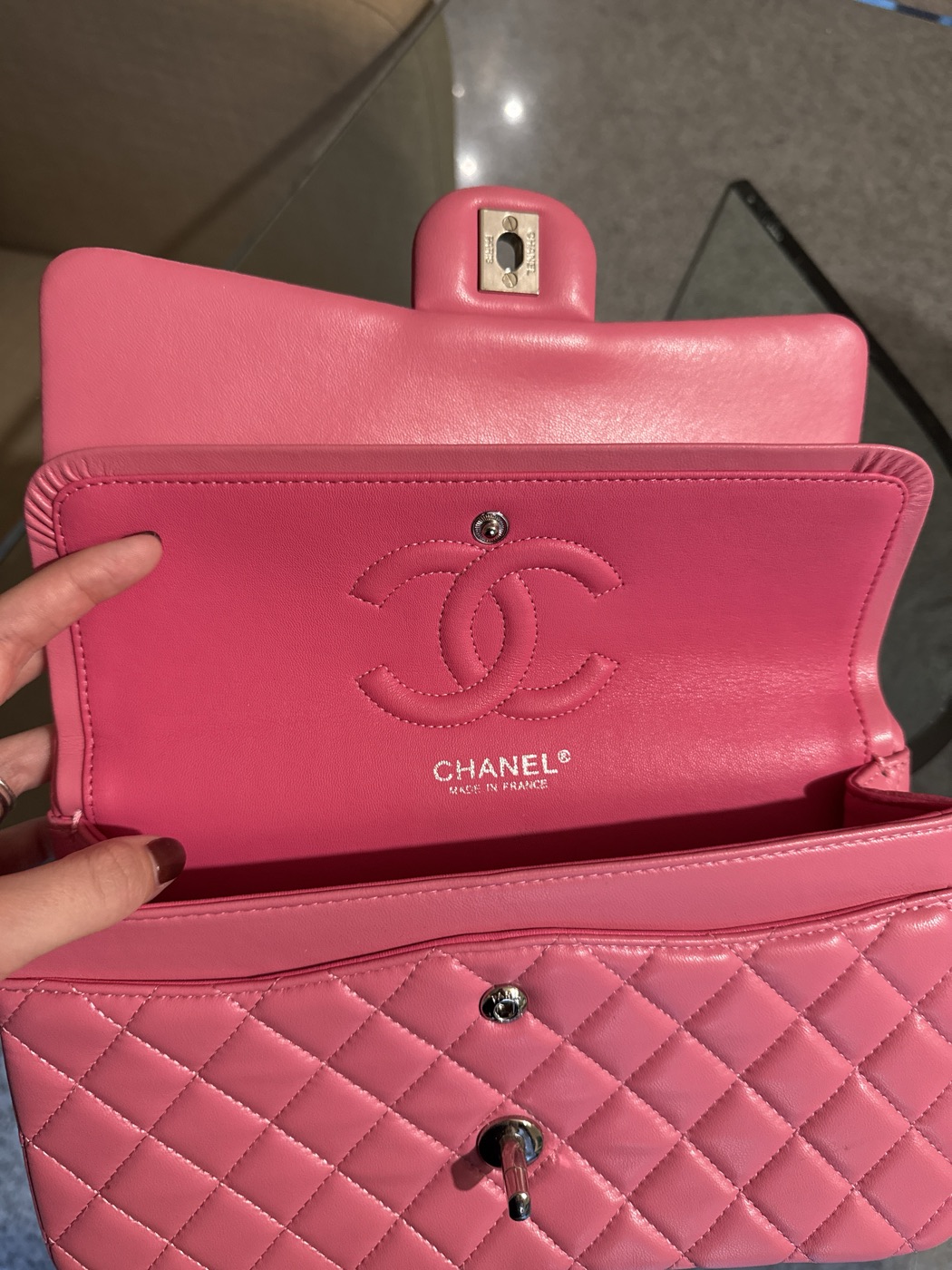 Chanel Classic flap pink with silver details
